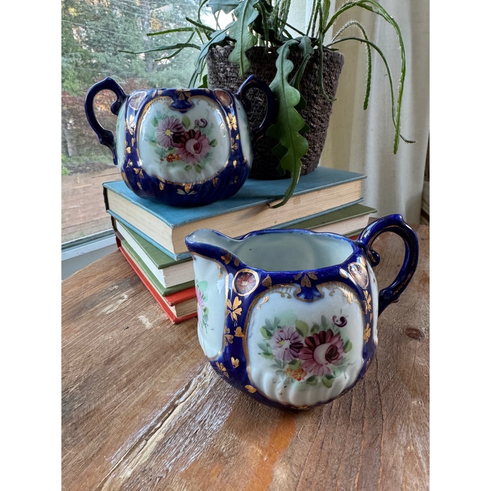 Vintage Cobalt‎ Blue Porcelain Creamer and Sugar Bowl Set Floral Gold Gilt
